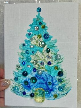Handmade Blue & Teal Embellished Christmas Tree Canvas 5x7 inch